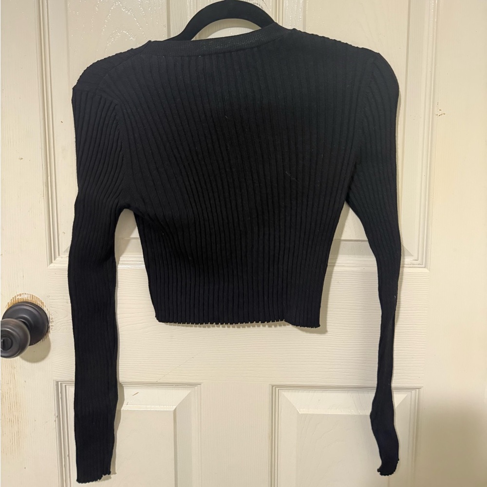 Zara Black Ribbed Cropped Long Sleeve Top | Size L - Picture 5 of 7